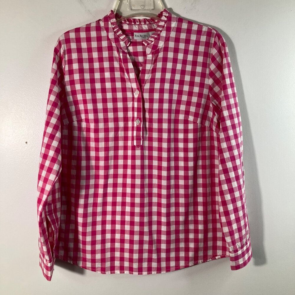 Womens Kim Rogers Petite 1/2 Button Pullover Gingham Blouse Pink White PS Cotton